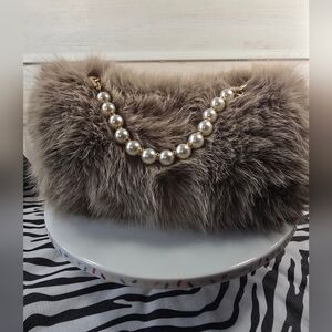 Faux Fur Pearl-Handle Clutch Bag in Taupe